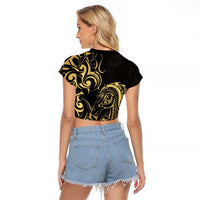Gold And Black Aotearoa Horse Racing Raglan Cropped T Shirt NZ Maori Pattern LT14 - Polynesian Pride