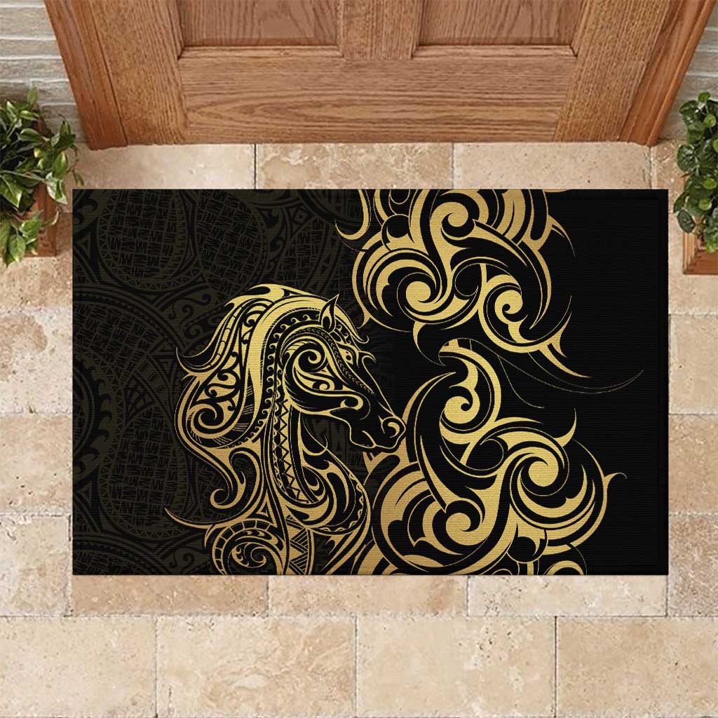 Gold And Black Aotearoa Horse Racing Rubber Doormat NZ Maori Pattern LT14 Black - Polynesian Pride
