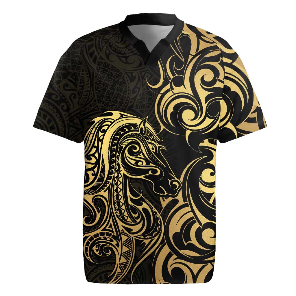 Gold And Black Aotearoa Horse Racing Rugby Jersey NZ Maori Pattern LT14 Black - Polynesian Pride