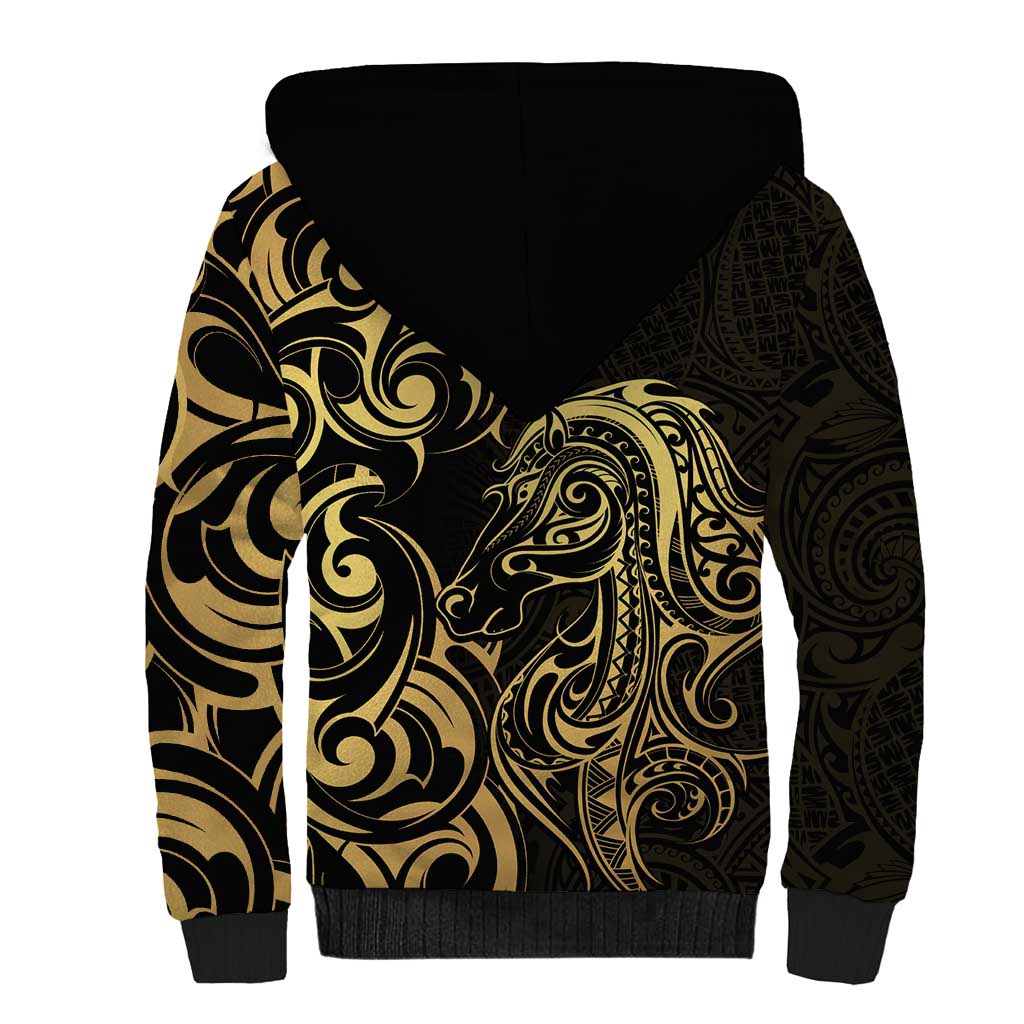 Gold And Black Aotearoa Horse Racing Sherpa Hoodie NZ Maori Pattern LT14 - Polynesian Pride
