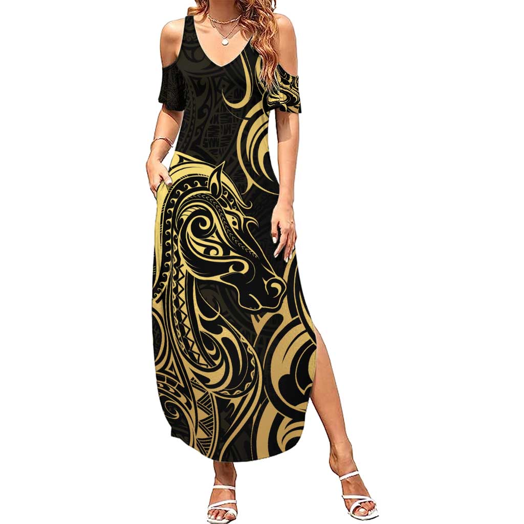Gold And Black Aotearoa Horse Racing Summer Maxi Dress NZ Maori Pattern LT14 Women Black - Polynesian Pride