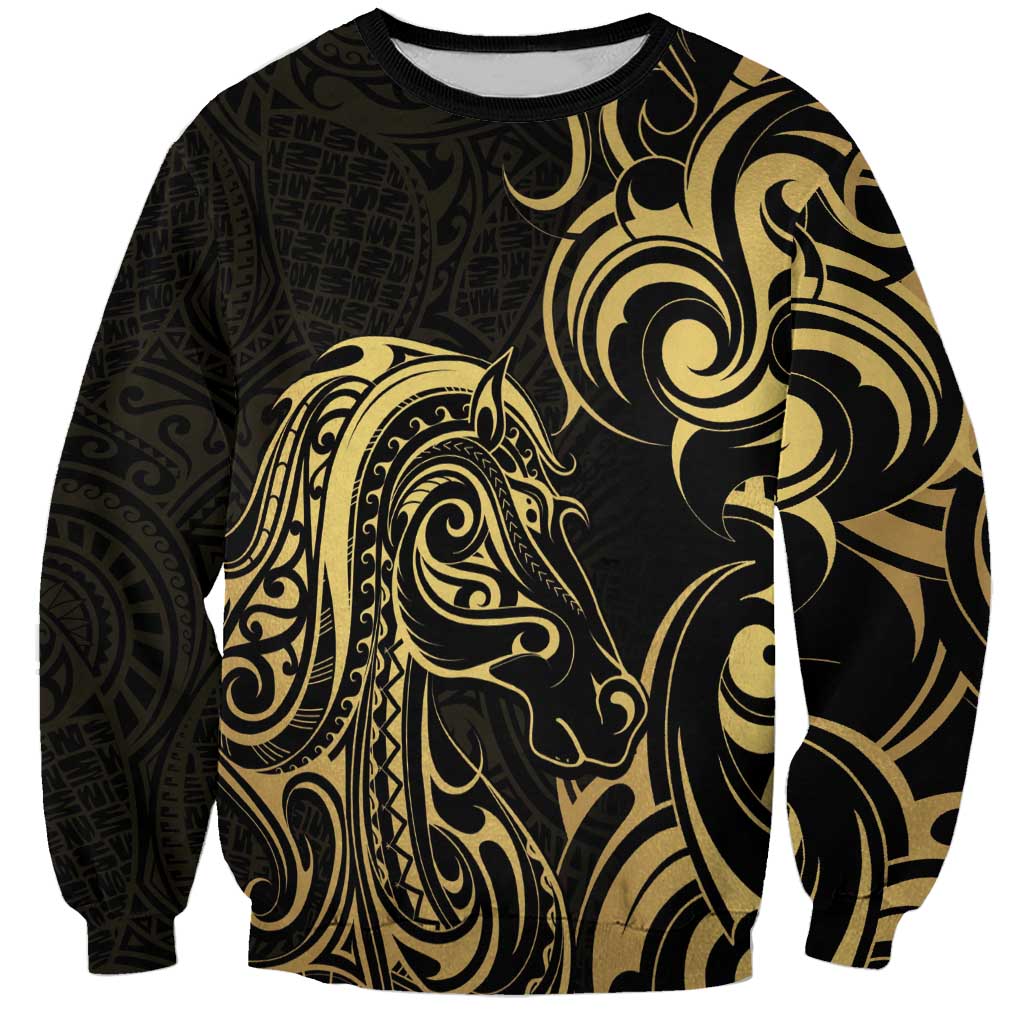 Gold And Black Aotearoa Horse Racing Sweatshirt NZ Maori Pattern LT14 Unisex Black - Polynesian Pride