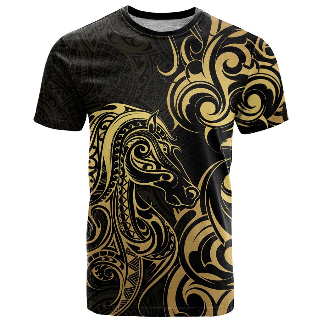 Gold And Black Aotearoa Horse Racing T Shirt NZ Maori Pattern LT14 Black - Polynesian Pride