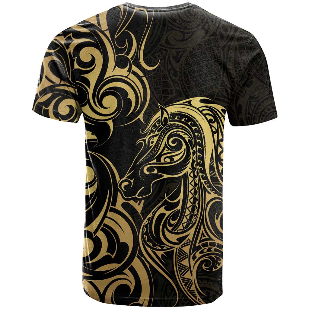 Gold And Black Aotearoa Horse Racing T Shirt NZ Maori Pattern LT14 - Polynesian Pride