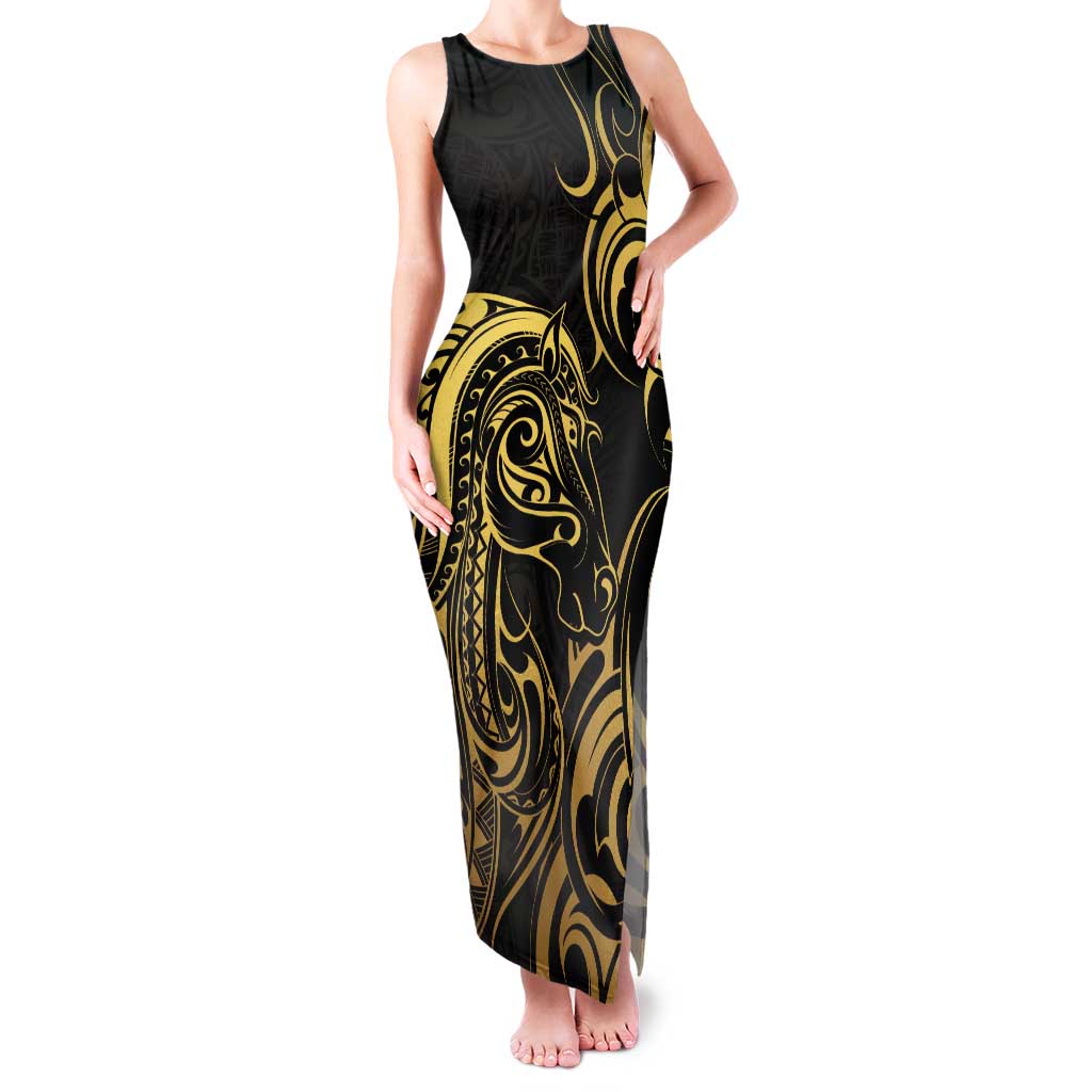 Gold And Black Aotearoa Horse Racing Tank Maxi Dress NZ Maori Pattern LT14 Women Black - Polynesian Pride