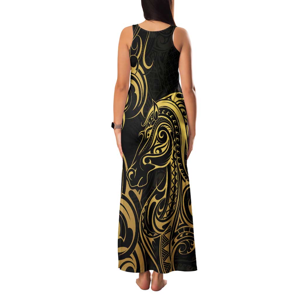 Gold And Black Aotearoa Horse Racing Tank Maxi Dress NZ Maori Pattern LT14 - Polynesian Pride