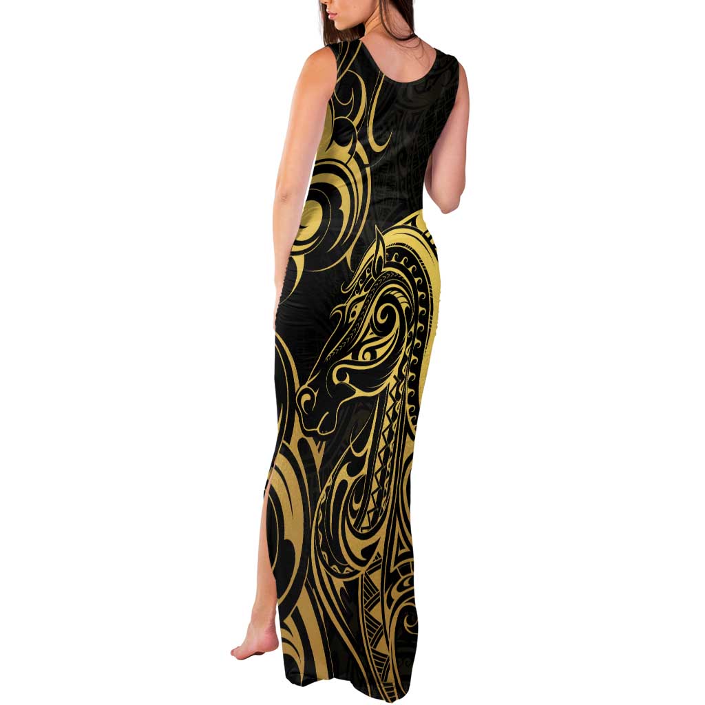 Gold And Black Aotearoa Horse Racing Tank Maxi Dress NZ Maori Pattern LT14 - Polynesian Pride