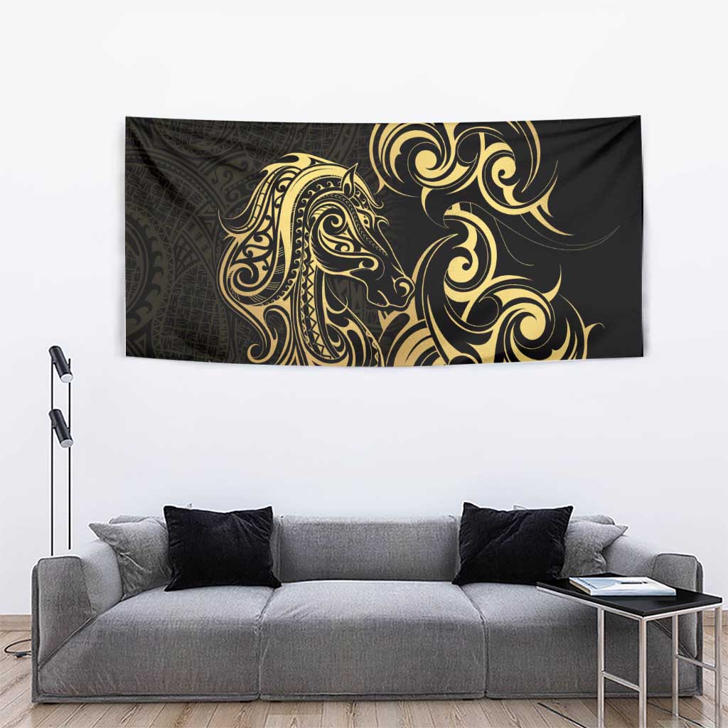 Gold And Black Aoteara Horse Racing Tapestry NZ Maori Pattern