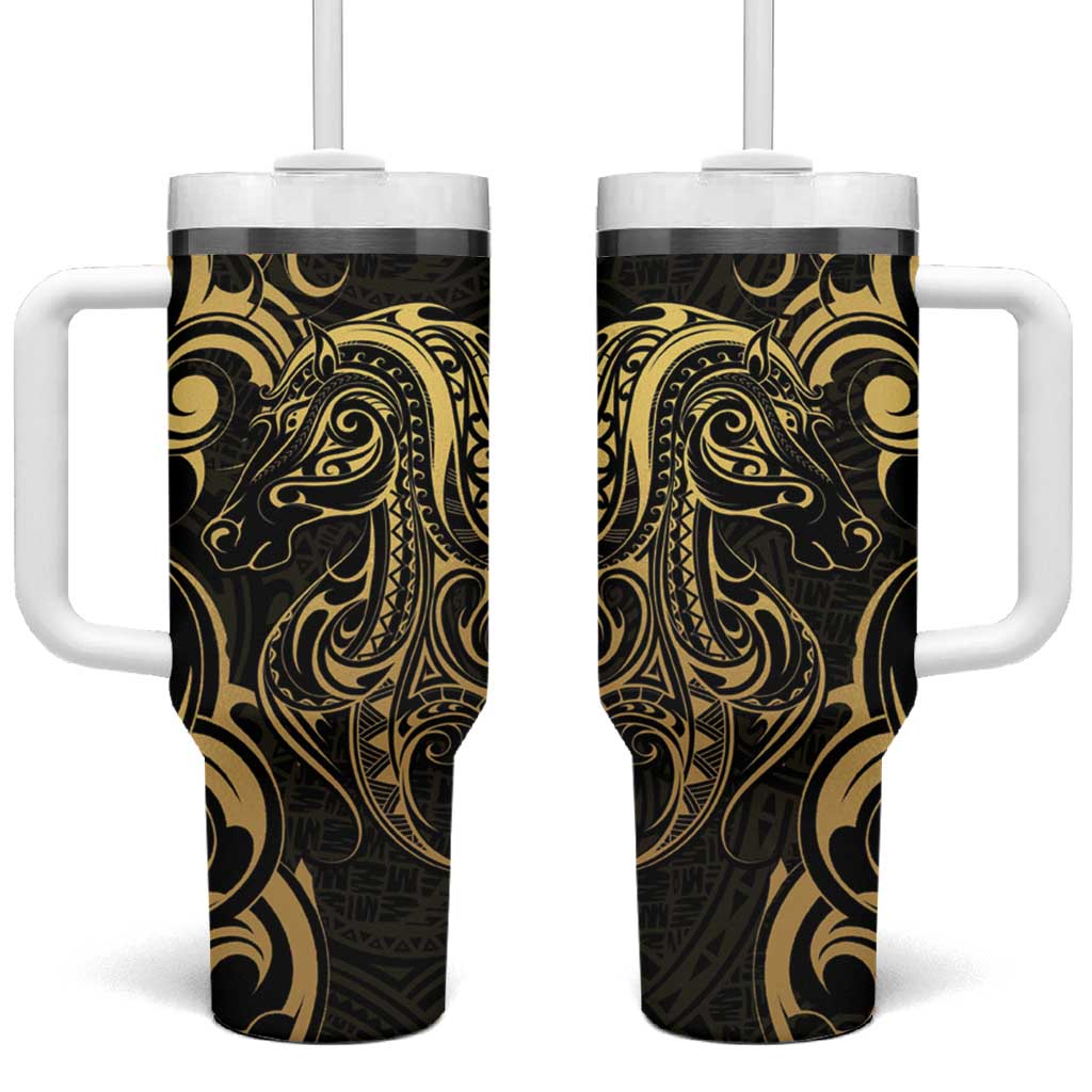 Gold And Black Aotearoa Horse Racing Tumbler With Handle NZ Maori Pattern LT14 One Size: 40 oz Black - Polynesian Pride