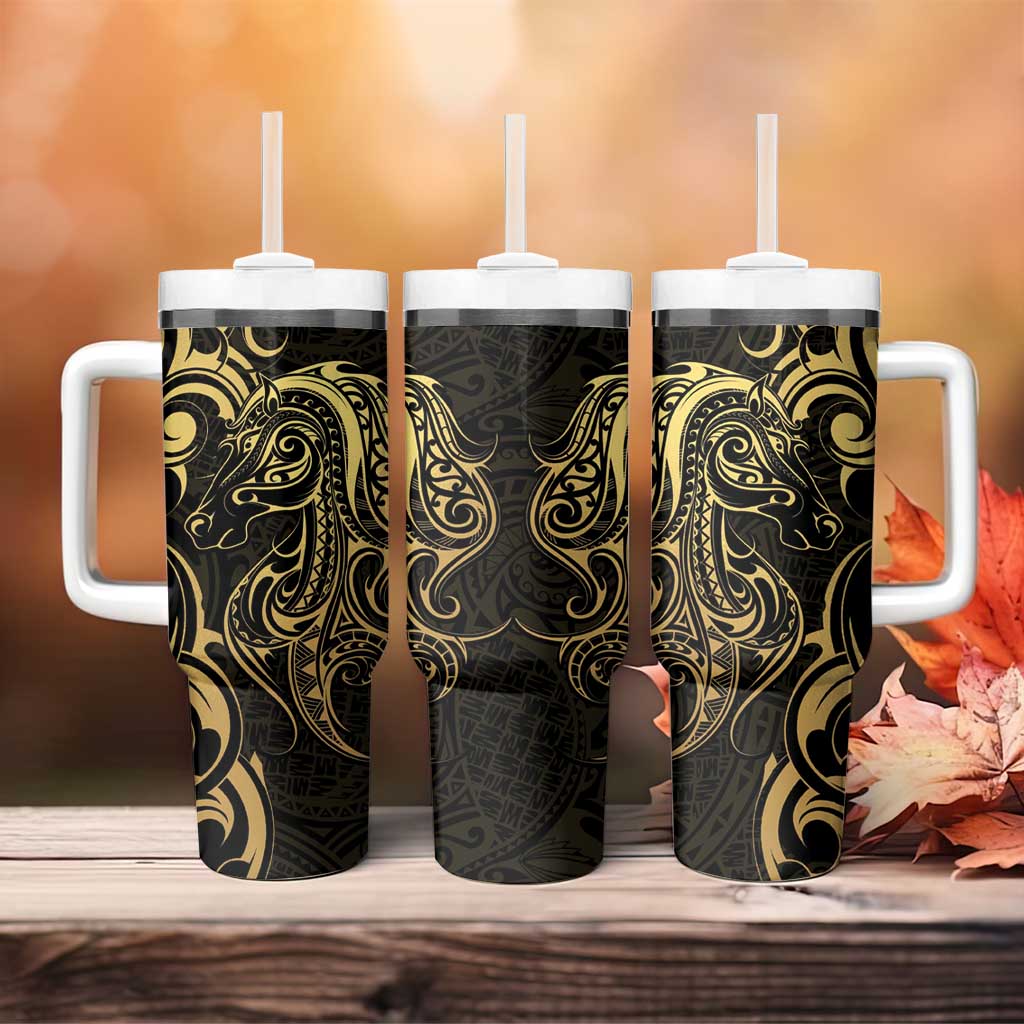 Gold And Black Aotearoa Horse Racing Tumbler With Handle NZ Maori Pattern LT14 - Polynesian Pride