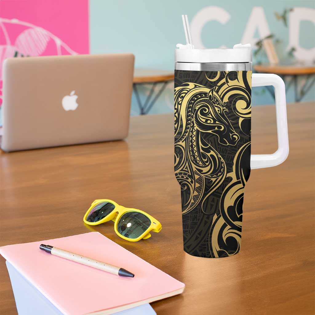 Gold And Black Aotearoa Horse Racing Tumbler With Handle NZ Maori Pattern LT14 - Polynesian Pride