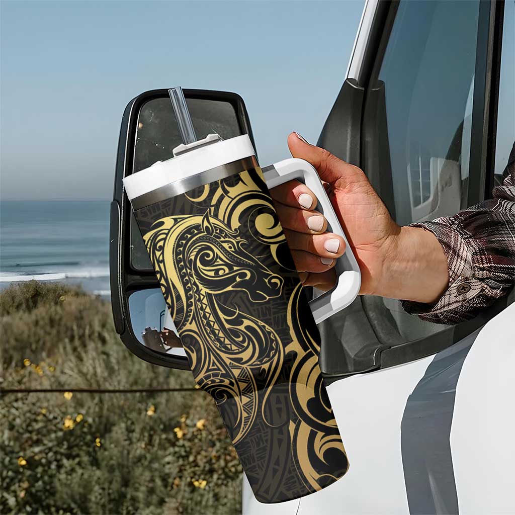 Gold And Black Aotearoa Horse Racing Tumbler With Handle NZ Maori Pattern LT14 - Polynesian Pride