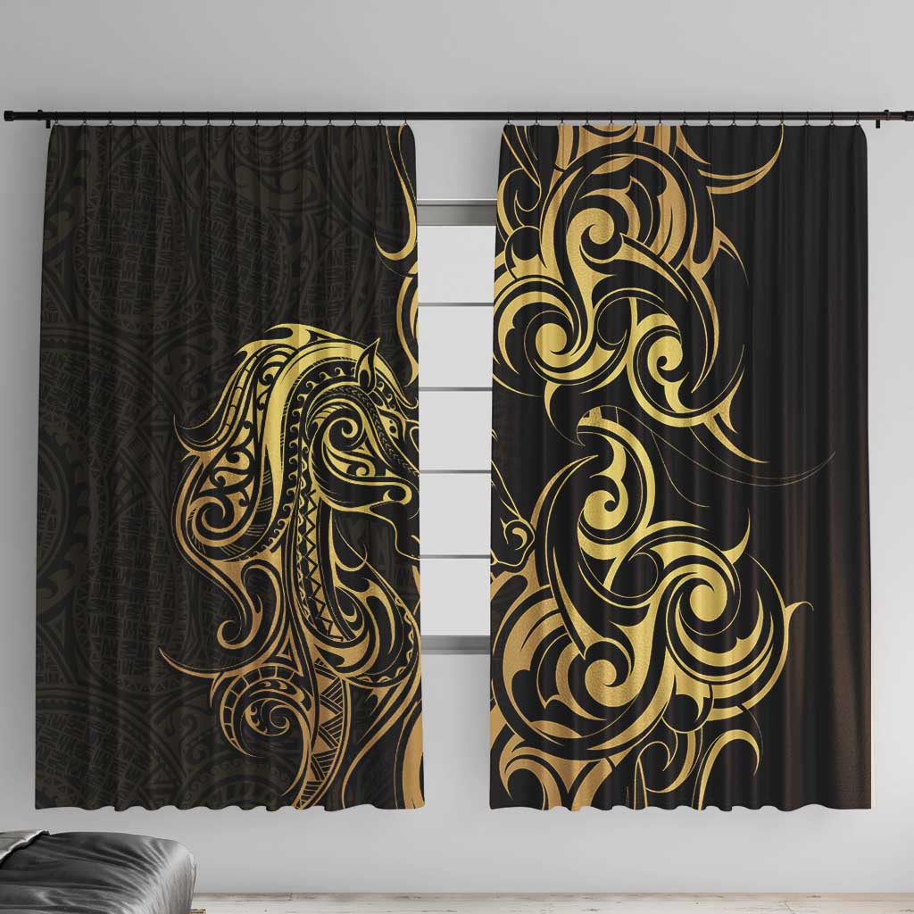 Gold And Black Aotearoa Horse Racing Window Curtain NZ Maori Pattern LT14 With Hooks Black - Polynesian Pride
