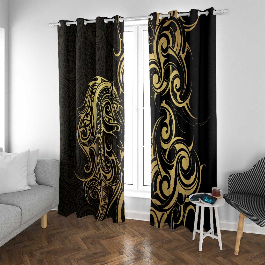 Gold And Black Aotearoa Horse Racing Window Curtain NZ Maori Pattern LT14 With Grommets Black - Polynesian Pride