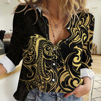 Gold And Black Aoteara Horse Racing Women Casual Shirt NZ Maori Pattern