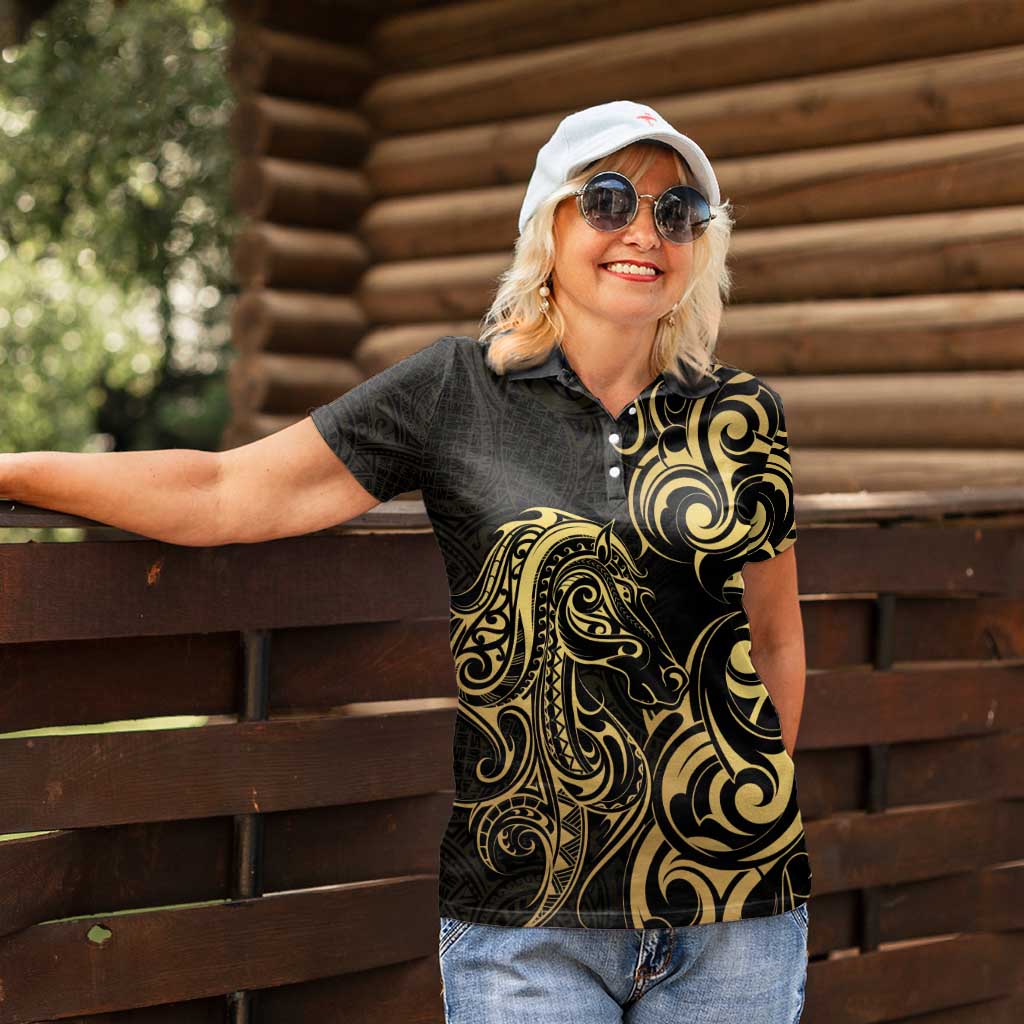 Gold And Black Aoteara Horse Racing Women Polo Shirt NZ Maori Pattern