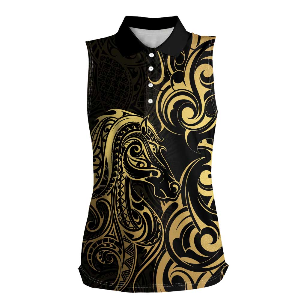 Gold And Black Aoteara Horse Racing Women Sleeveless Polo Shirt NZ Maori Pattern