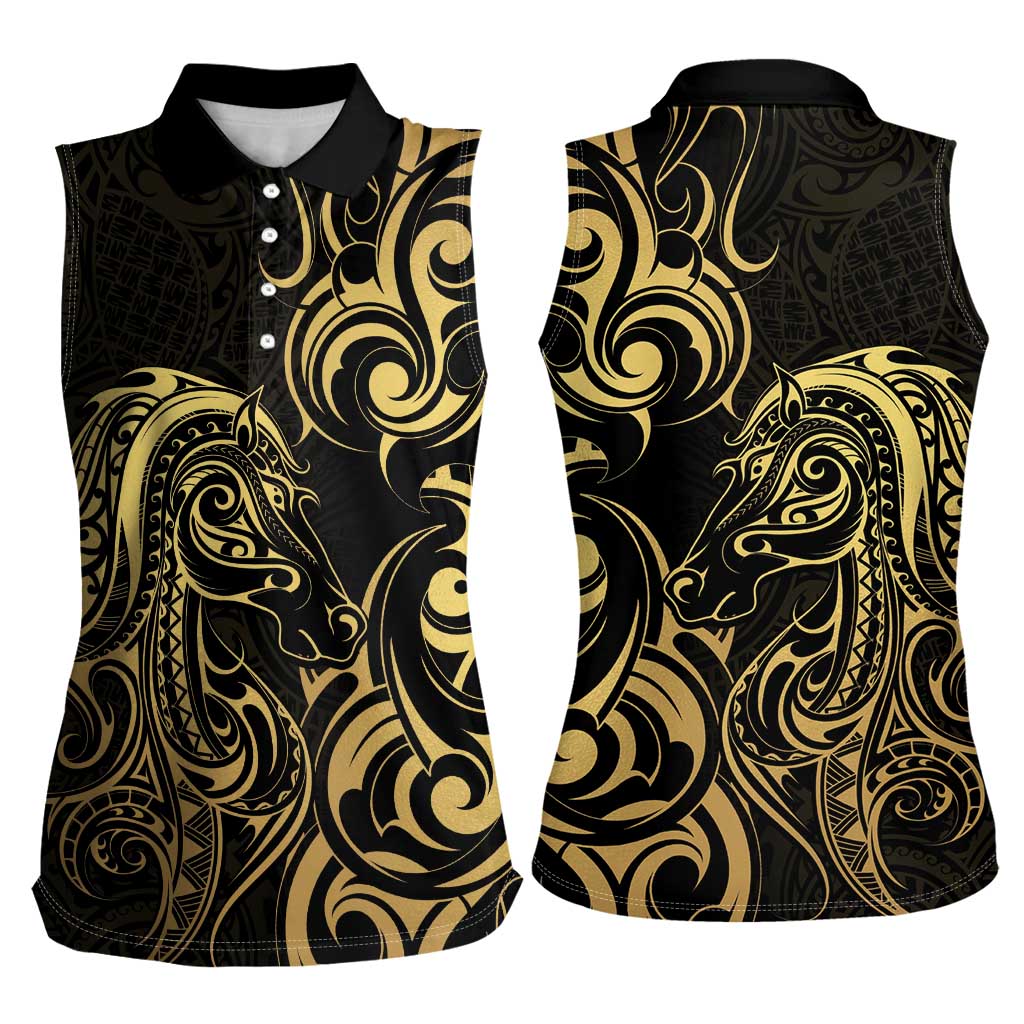 Gold And Black Aoteara Horse Racing Women Sleeveless Polo Shirt NZ Maori Pattern