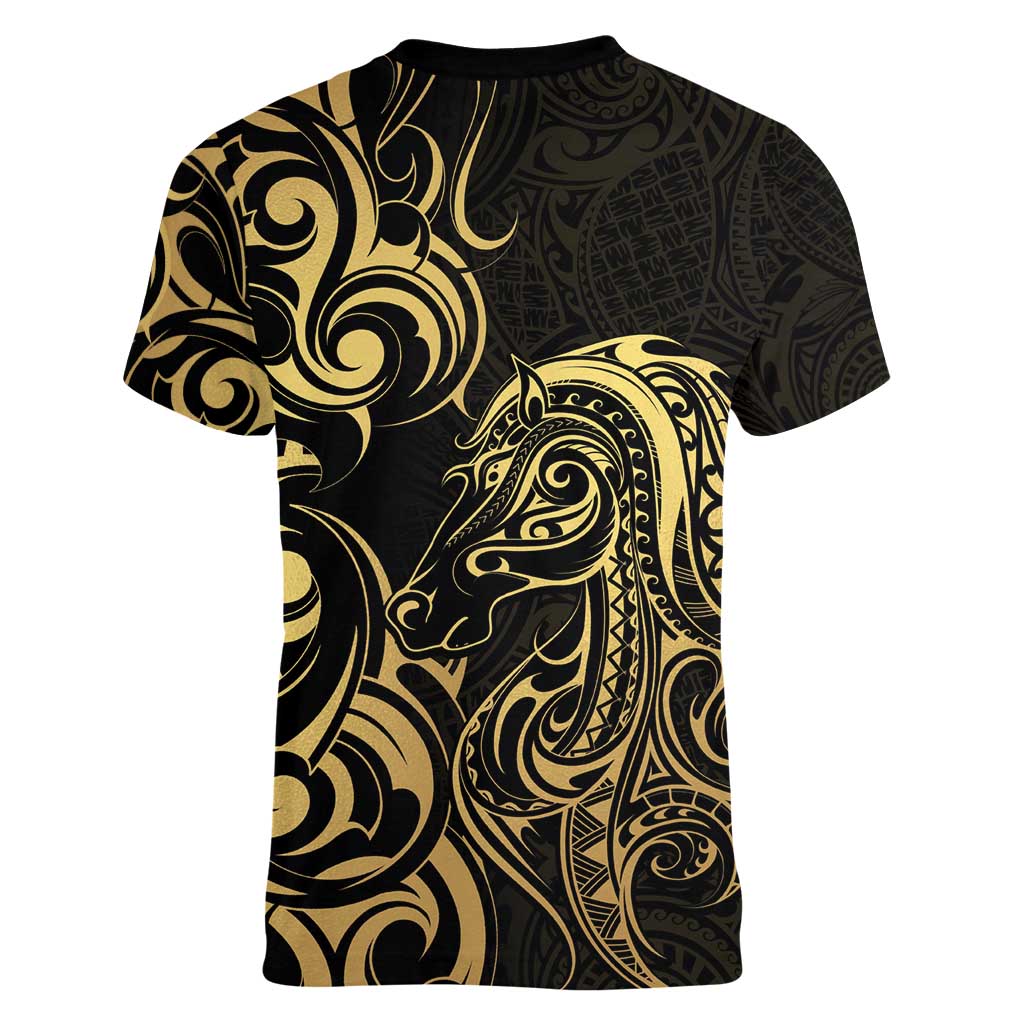 Gold And Black Aotearoa Horse Racing Women V-Neck T-Shirt NZ Maori Pattern LT14 - Polynesian Pride