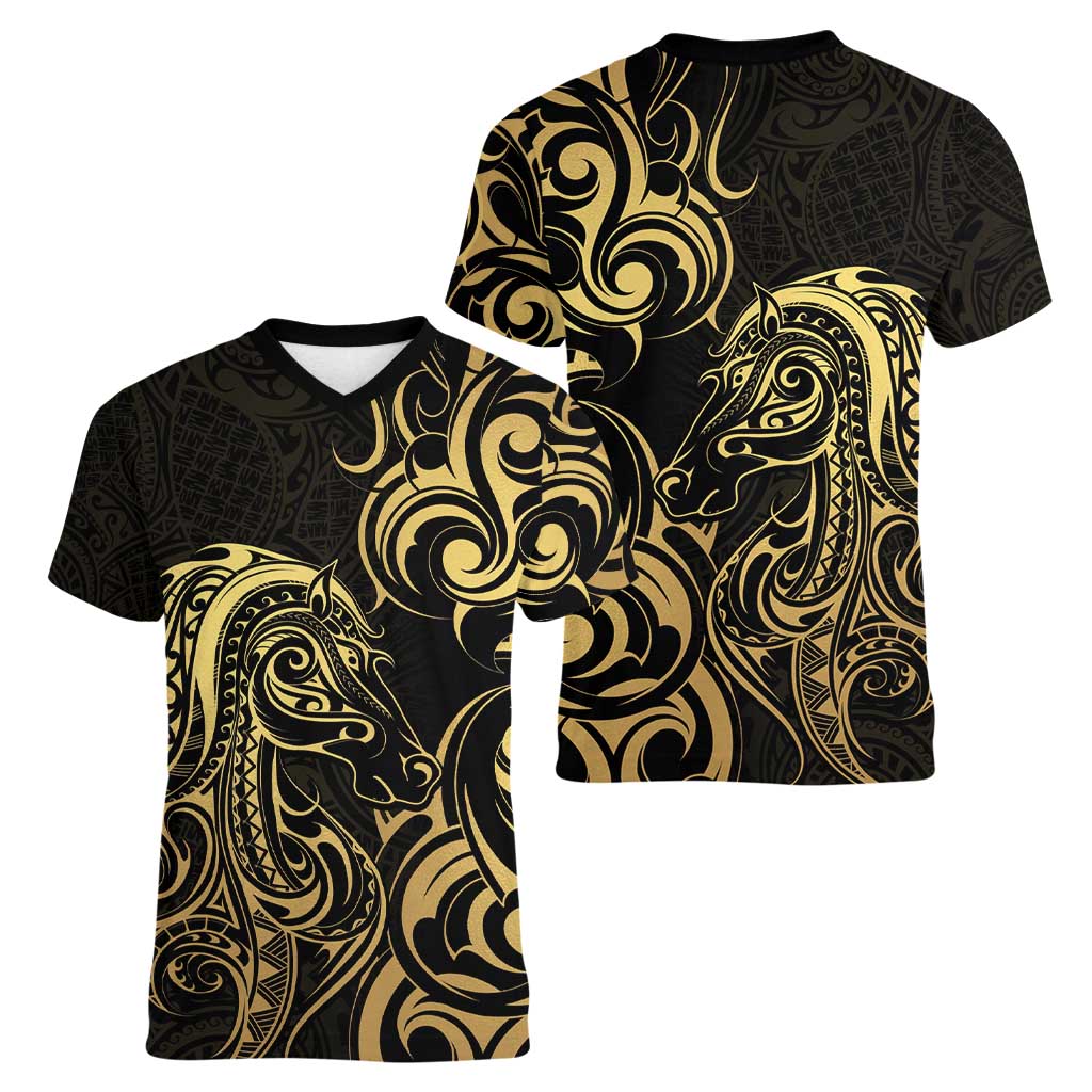 Gold And Black Aotearoa Horse Racing Women V-Neck T-Shirt NZ Maori Pattern LT14 - Polynesian Pride