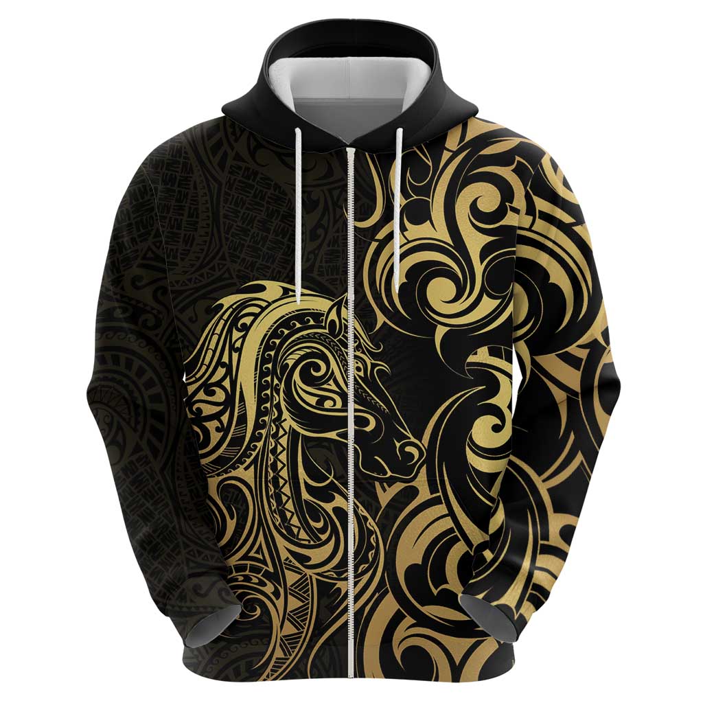 Gold And Black Aoteara Horse Racing Zip Hoodie NZ Maori Pattern