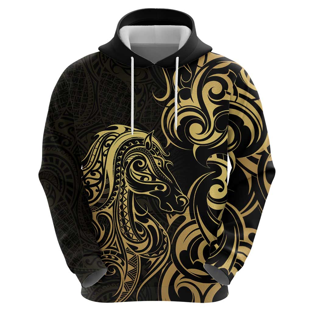 Gold And Black Aoteara Horse Racing Zip Hoodie NZ Maori Pattern