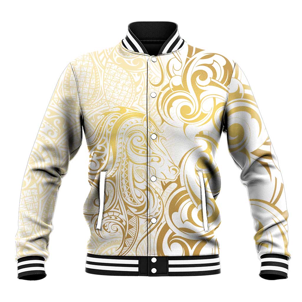Gold And White Aotearoa Horse Racing Baseball Jacket NZ Maori Pattern LT14 Unisex White - Polynesian Pride