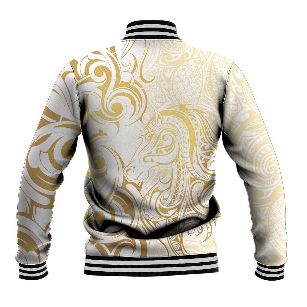 Gold And White Aotearoa Horse Racing Baseball Jacket NZ Maori Pattern LT14 - Polynesian Pride