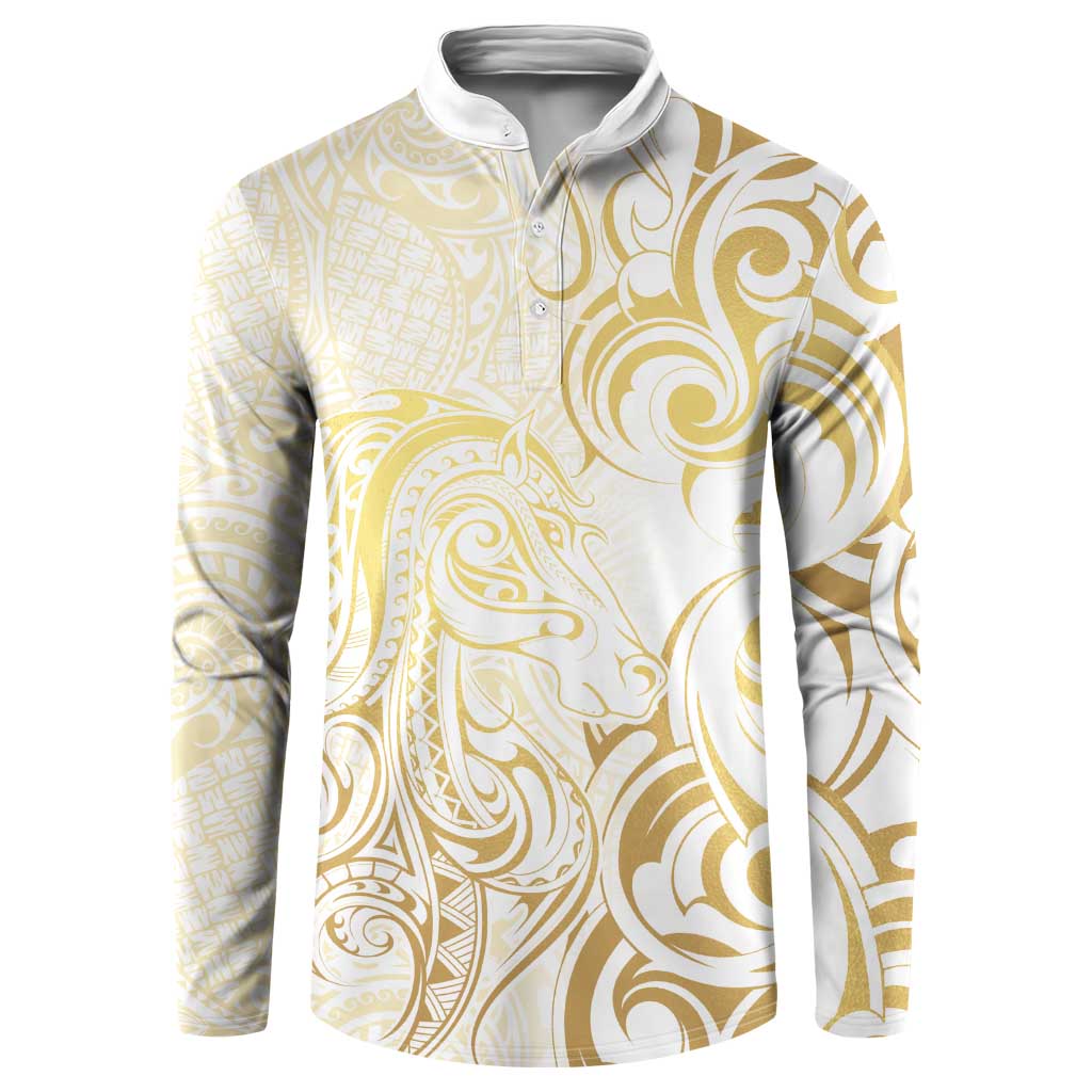 Gold And White Aoteara Horse Racing Button Sweatshirt NZ Maori Pattern