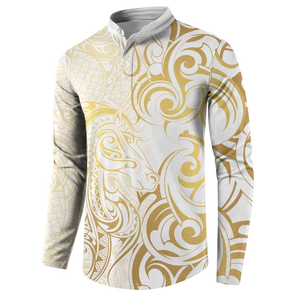 Gold And White Aoteara Horse Racing Button Sweatshirt NZ Maori Pattern