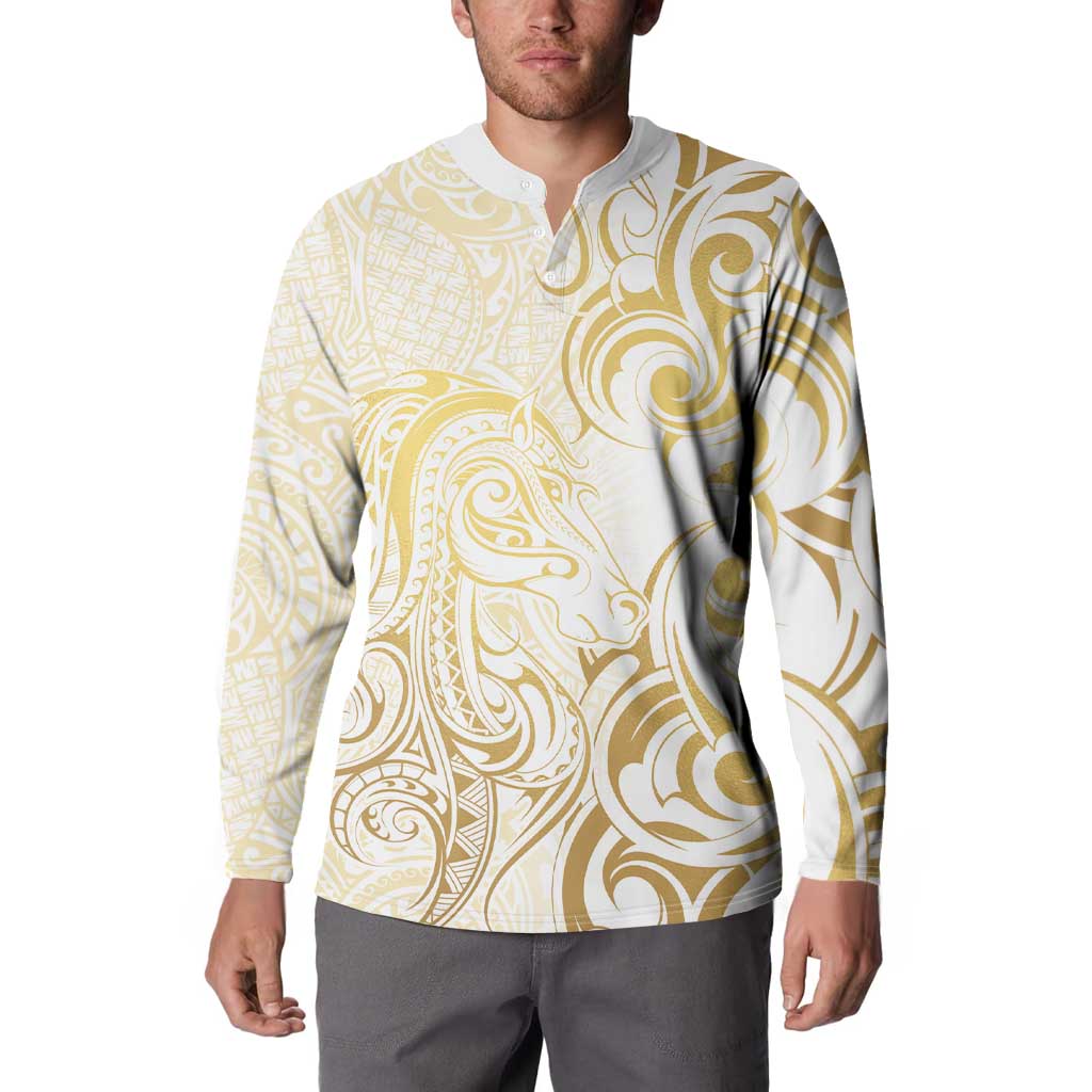 Gold And White Aoteara Horse Racing Button Sweatshirt NZ Maori Pattern