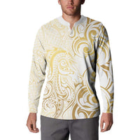 Gold And White Aoteara Horse Racing Button Sweatshirt NZ Maori Pattern