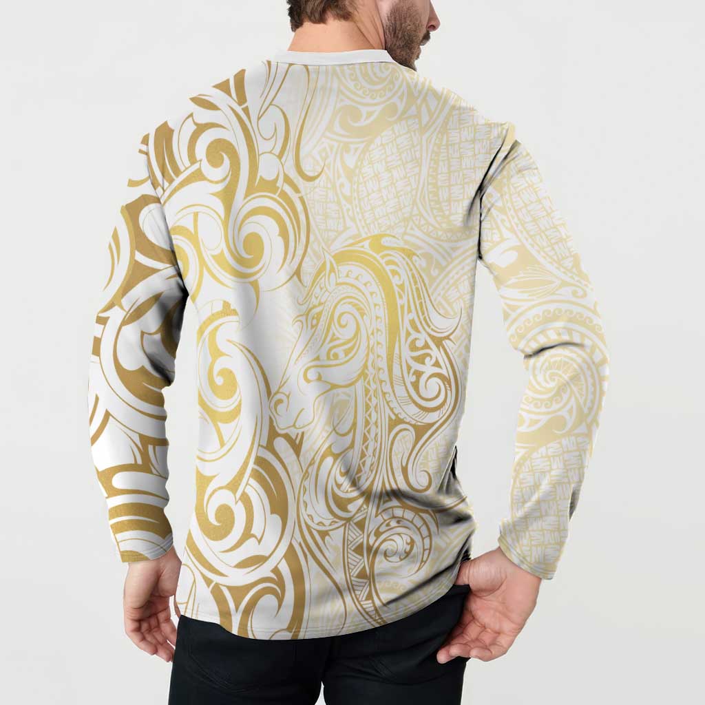 Gold And White Aoteara Horse Racing Button Sweatshirt NZ Maori Pattern