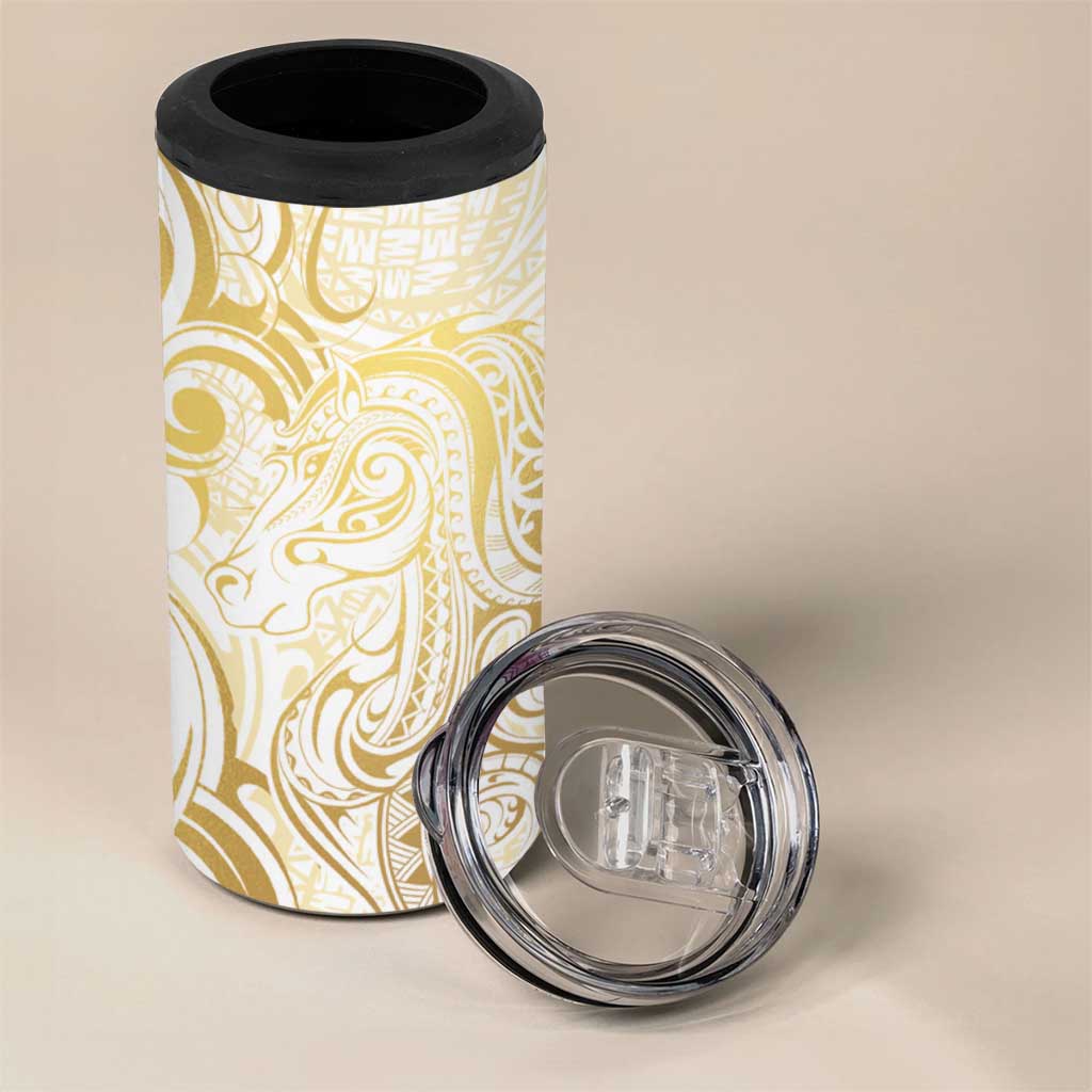 Gold And White Aoteara Horse Racing 4 in 1 Can Cooler Tumbler NZ Maori Pattern