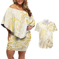 Gold And White Aotearoa Horse Racing Couples Matching Off Shoulder Short Dress and Hawaiian Shirt NZ Maori Pattern LT14 White - Polynesian Pride