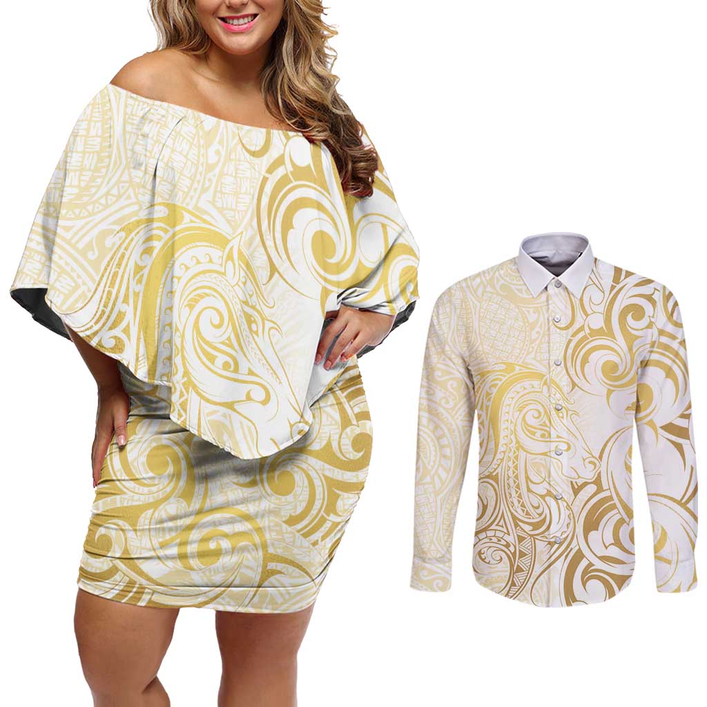 Gold And White Aotearoa Horse Racing Couples Matching Off Shoulder Short Dress and Long Sleeve Button Shirt NZ Maori Pattern LT14 White - Polynesian Pride
