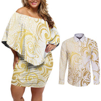 Gold And White Aotearoa Horse Racing Couples Matching Off Shoulder Short Dress and Long Sleeve Button Shirt NZ Maori Pattern LT14 White - Polynesian Pride