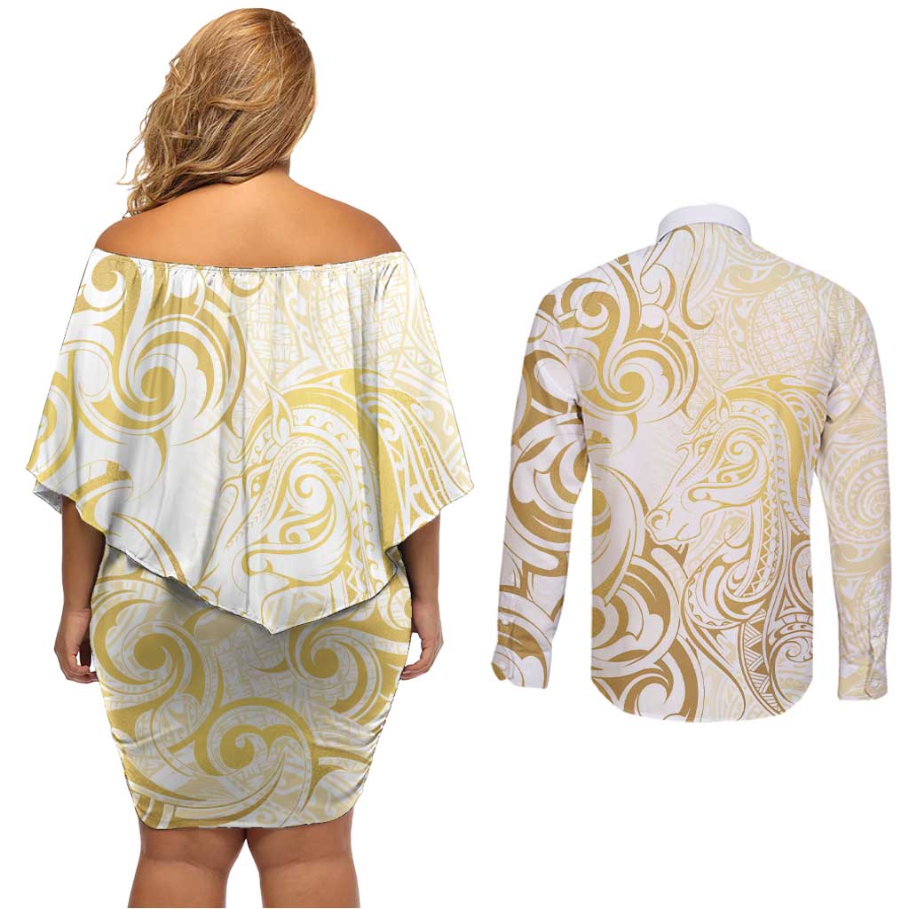 Gold And White Aotearoa Horse Racing Couples Matching Off Shoulder Short Dress and Long Sleeve Button Shirt NZ Maori Pattern LT14 - Polynesian Pride