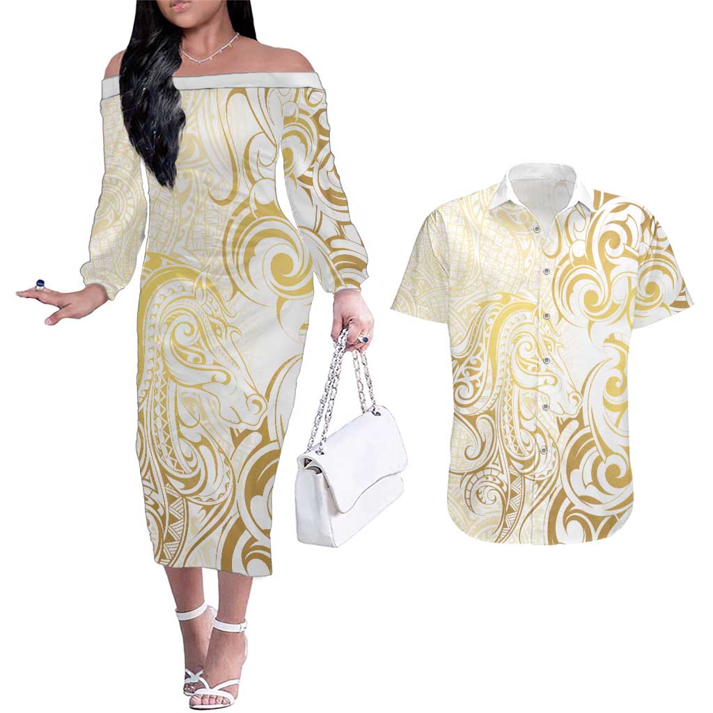 Gold And White Aotearoa Horse Racing Couples Matching Off The Shoulder Long Sleeve Dress and Hawaiian Shirt NZ Maori Pattern LT14 White - Polynesian Pride