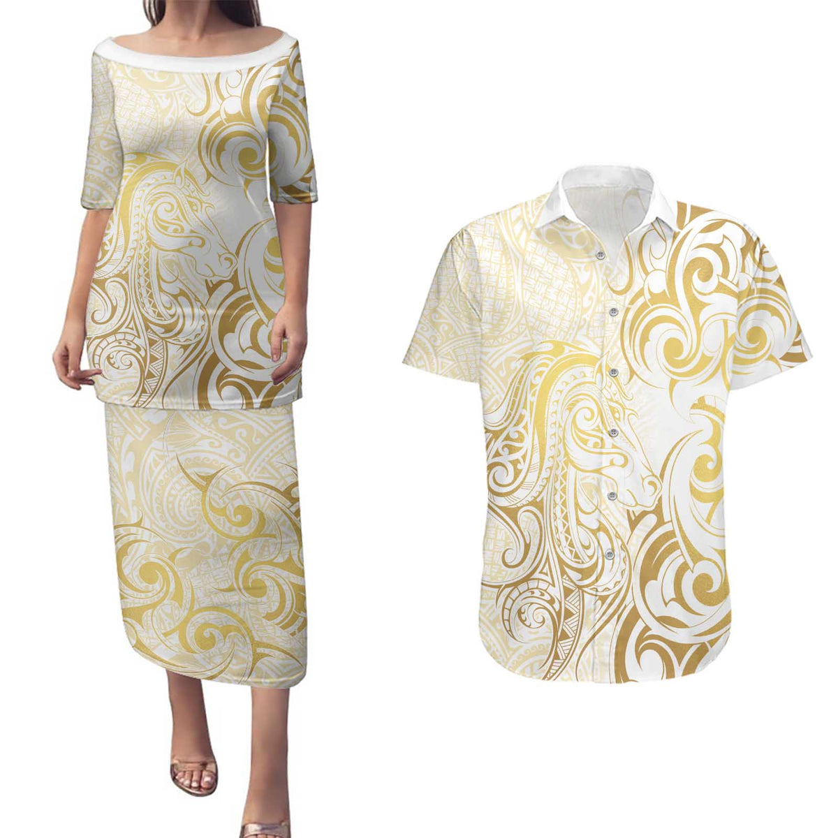 Gold And White Aotearoa Horse Racing Couples Matching Puletasi and Hawaiian Shirt NZ Maori Pattern LT14 White - Polynesian Pride