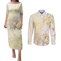 Gold And White Aotearoa Horse Racing Couples Matching Puletasi and Long Sleeve Button Shirt NZ Maori Pattern LT14 White - Polynesian Pride