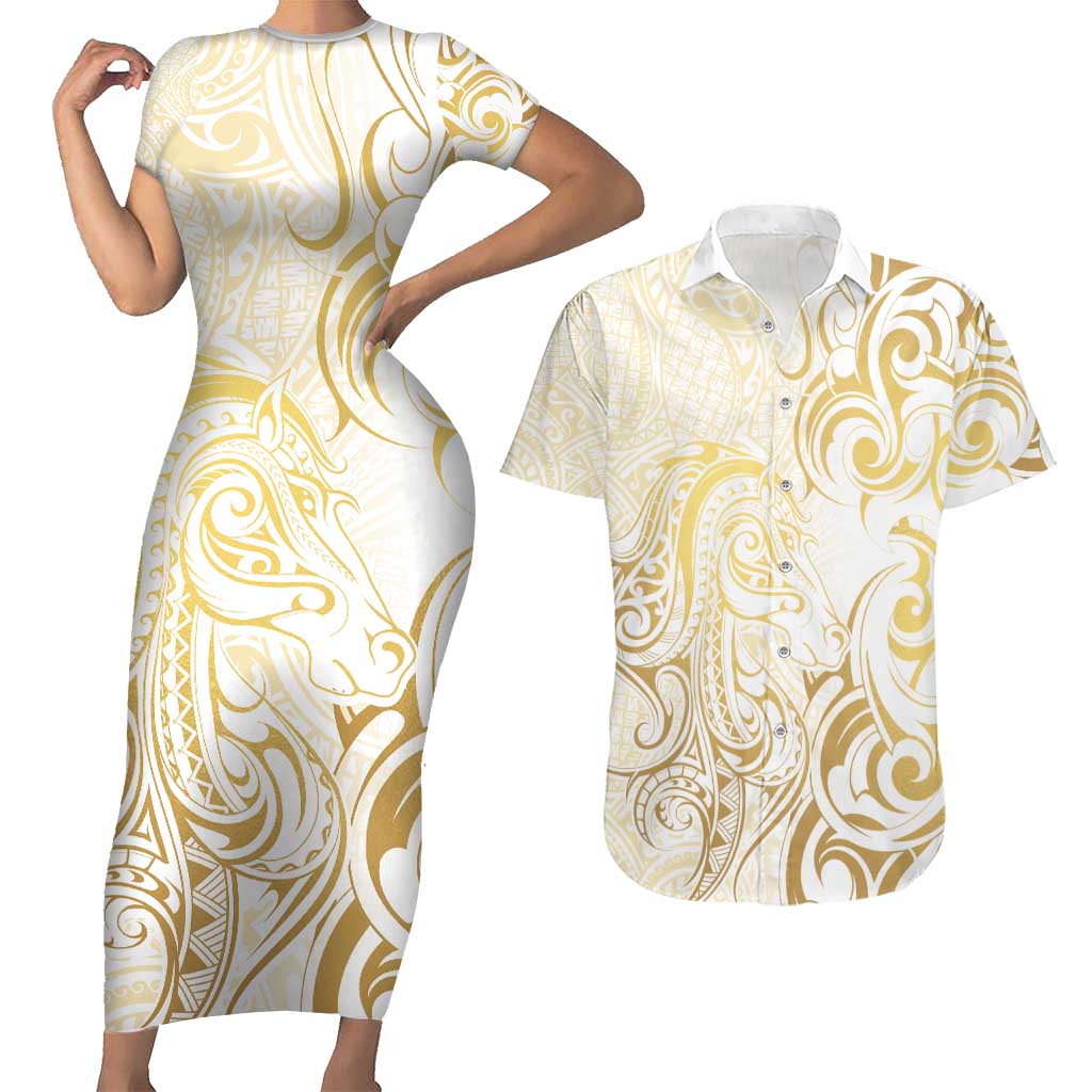 Gold And White Aotearoa Horse Racing Couples Matching Short Sleeve Bodycon Dress and Hawaiian Shirt NZ Maori Pattern LT14 White - Polynesian Pride