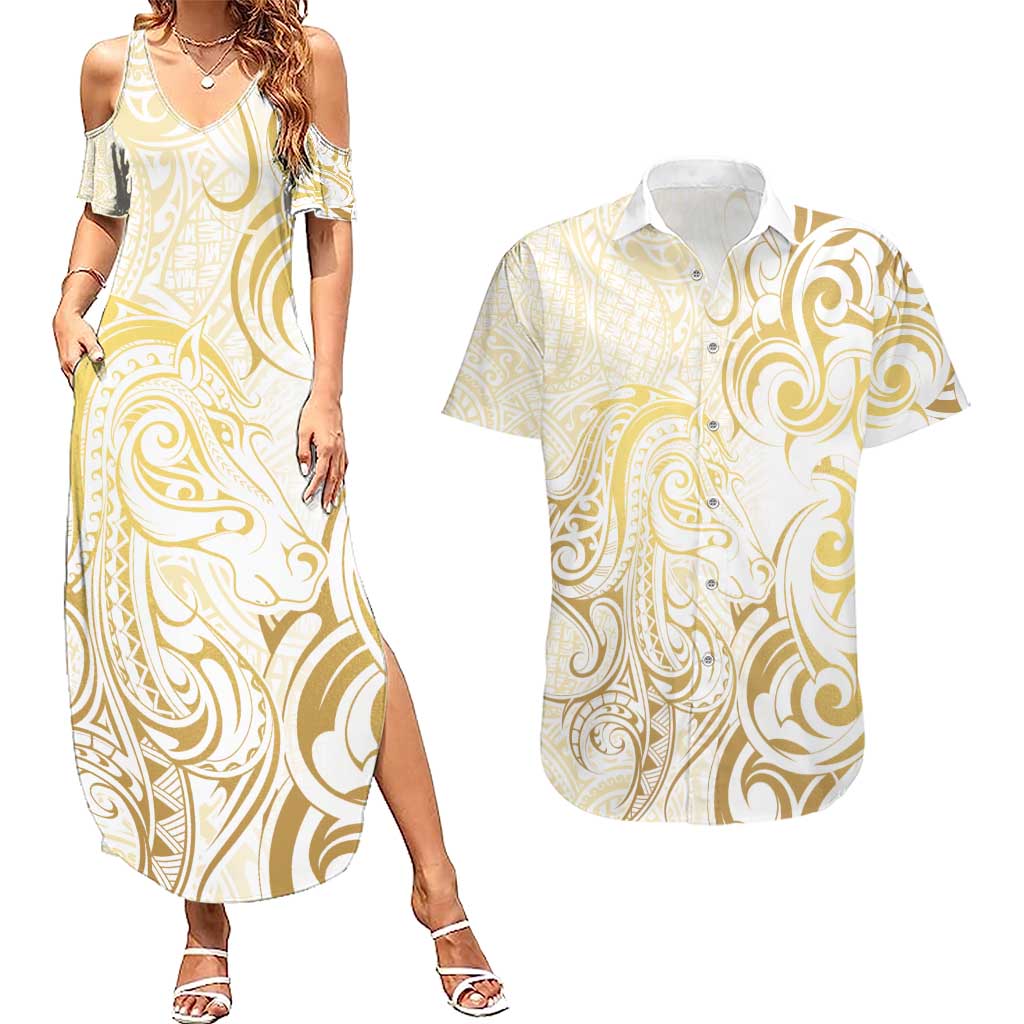 Gold And White Aotearoa Horse Racing Couples Matching Summer Maxi Dress and Hawaiian Shirt NZ Maori Pattern LT14 White - Polynesian Pride