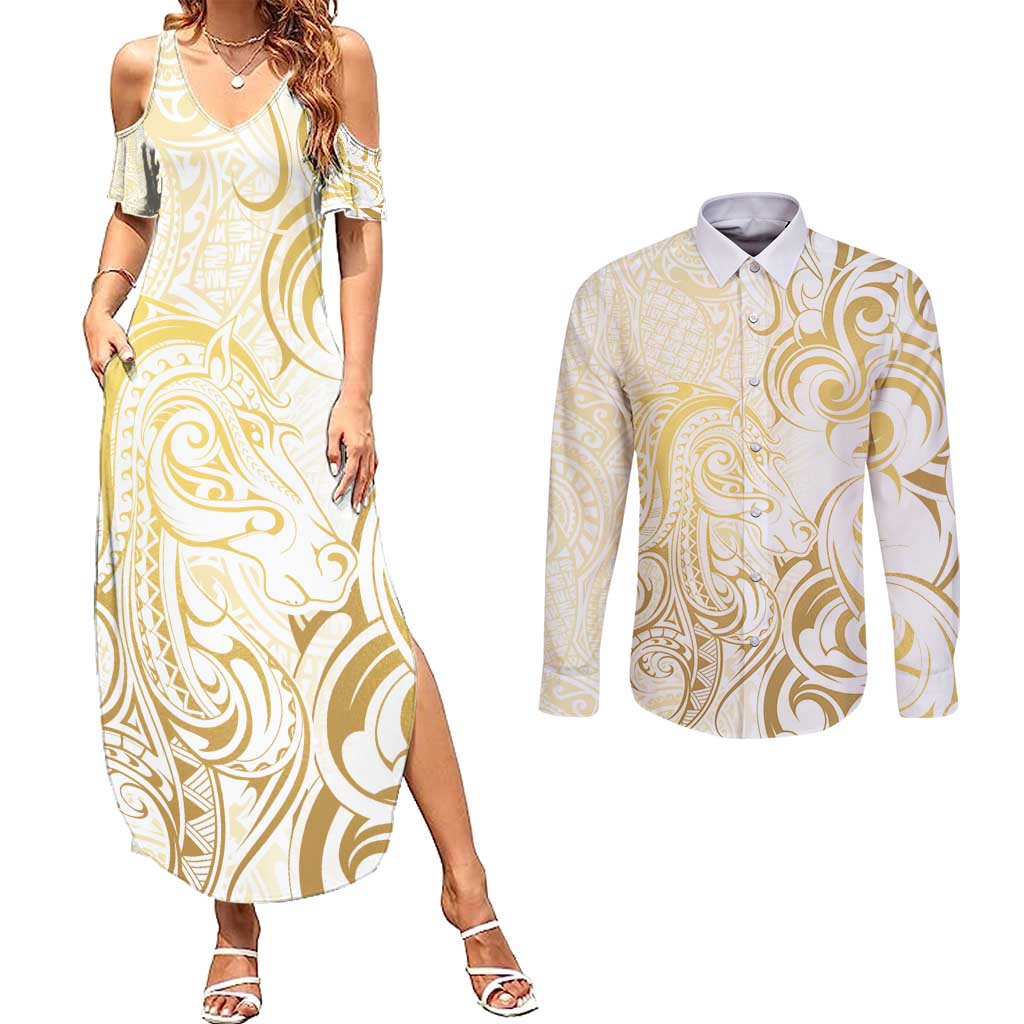 Gold And White Aotearoa Horse Racing Couples Matching Summer Maxi Dress and Long Sleeve Button Shirt NZ Maori Pattern LT14 White - Polynesian Pride