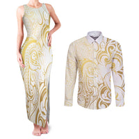 Gold And White Aotearoa Horse Racing Couples Matching Tank Maxi Dress and Long Sleeve Button Shirt NZ Maori Pattern LT14 White - Polynesian Pride