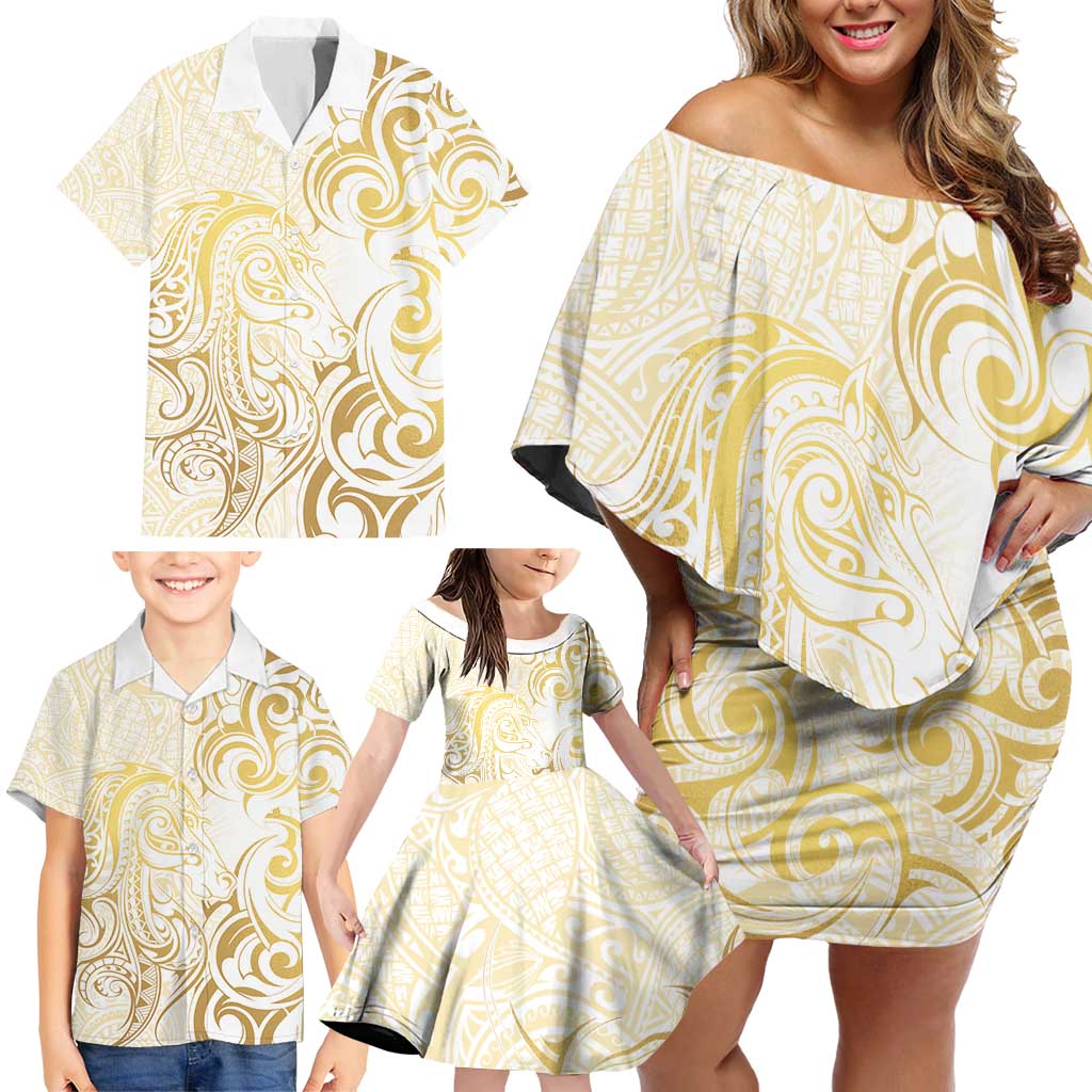 Gold And White Aoteara Horse Racing Family Matching Off Shoulder Short Dress and Hawaiian Shirt NZ Maori Pattern