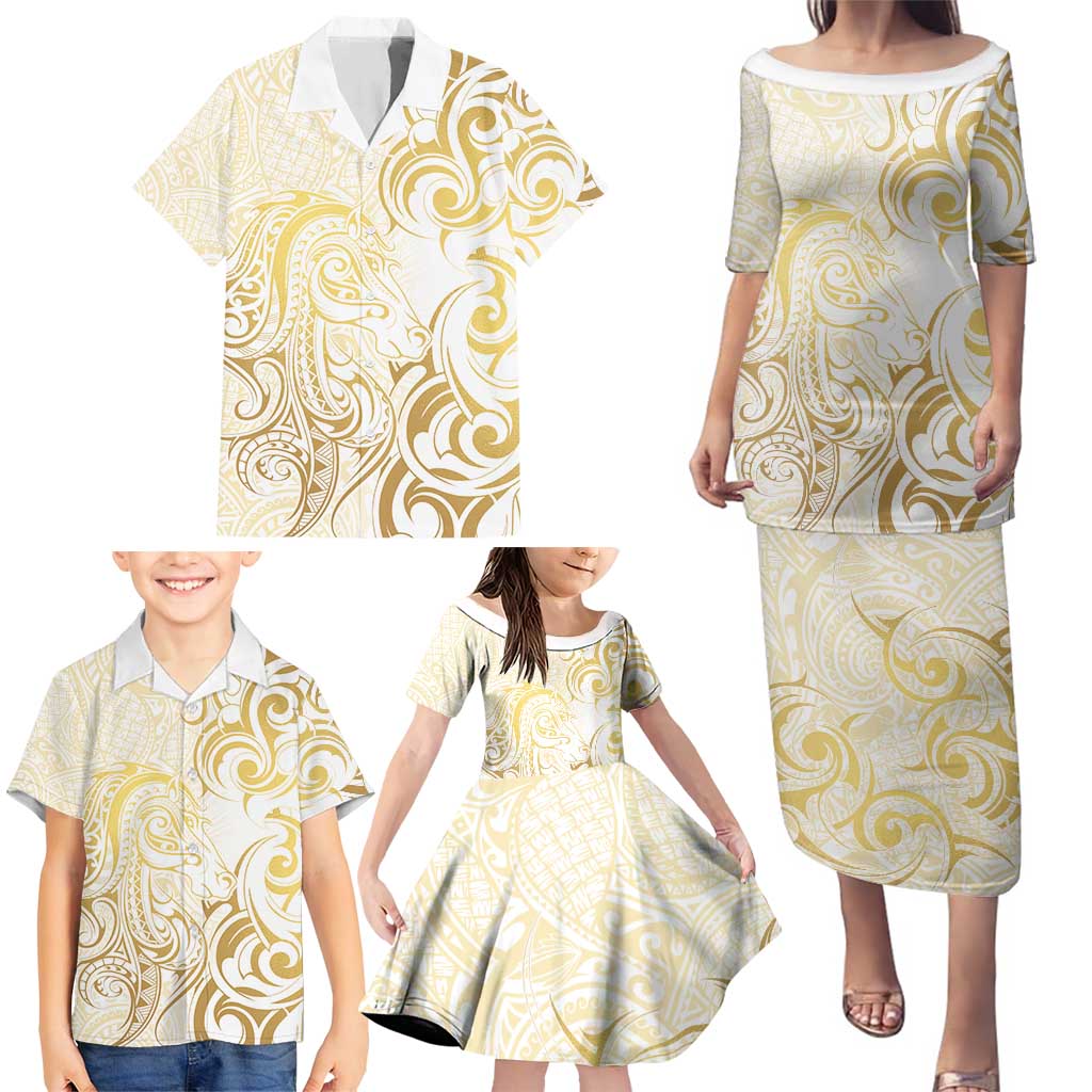 Gold And White Aoteara Horse Racing Family Matching Puletasi and Hawaiian Shirt NZ Maori Pattern