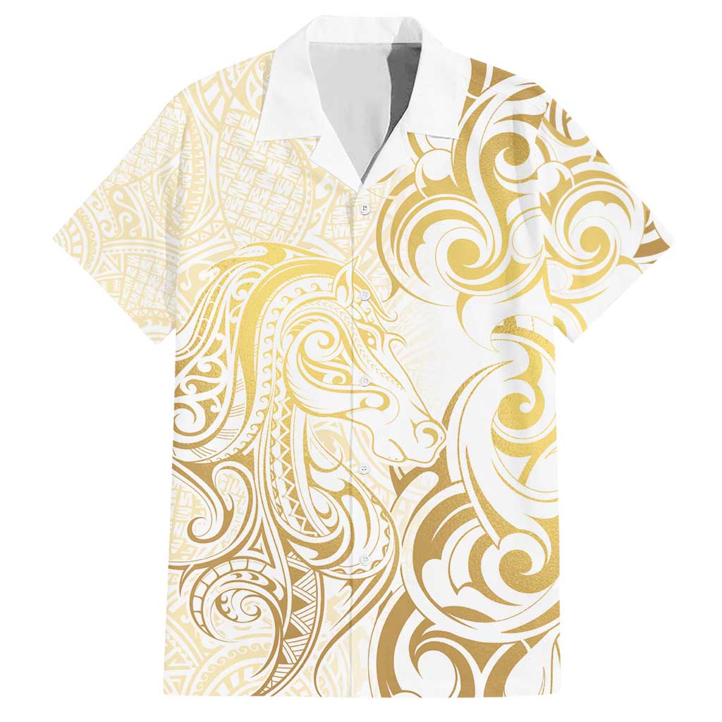 Gold And White Aotearoa Horse Racing Hawaiian Shirt NZ Maori Pattern LT14 White - Polynesian Pride