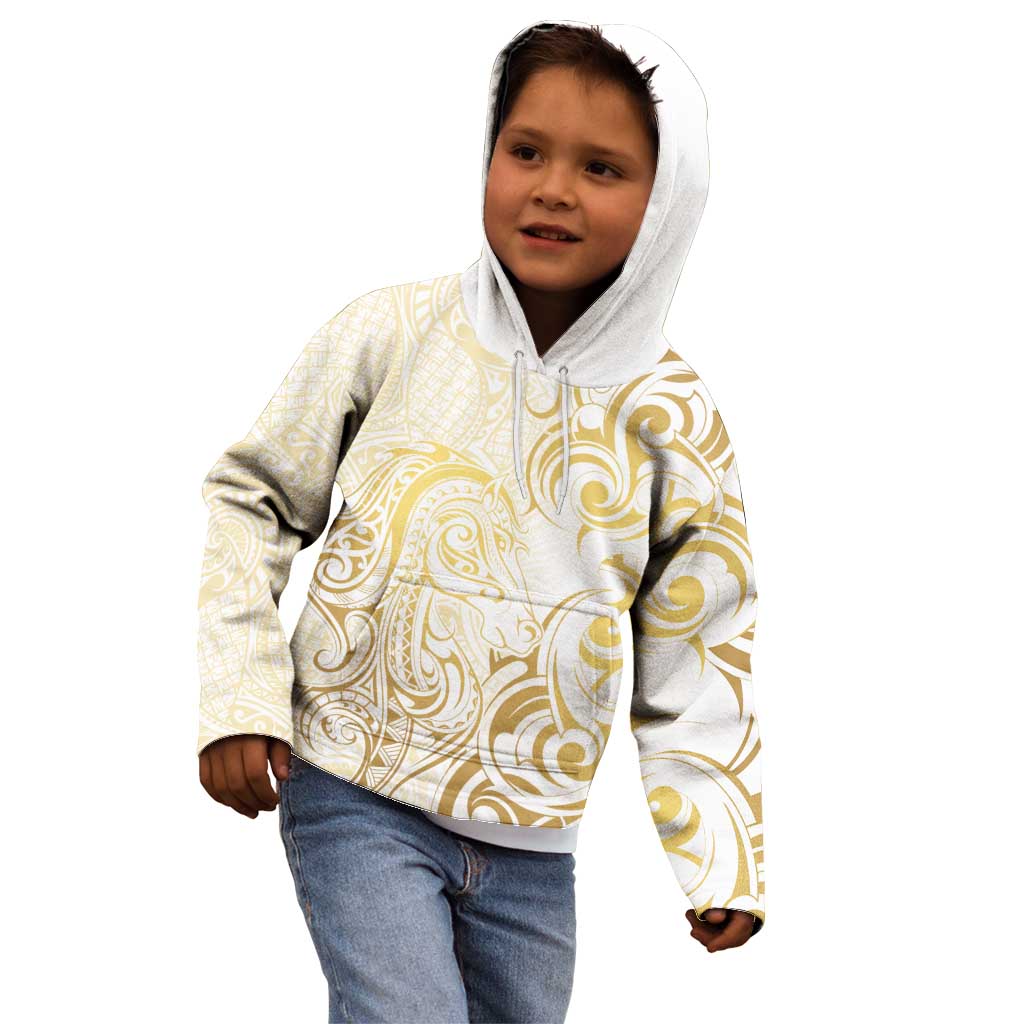 Gold And White Aoteara Horse Racing Kid Hoodie NZ Maori Pattern