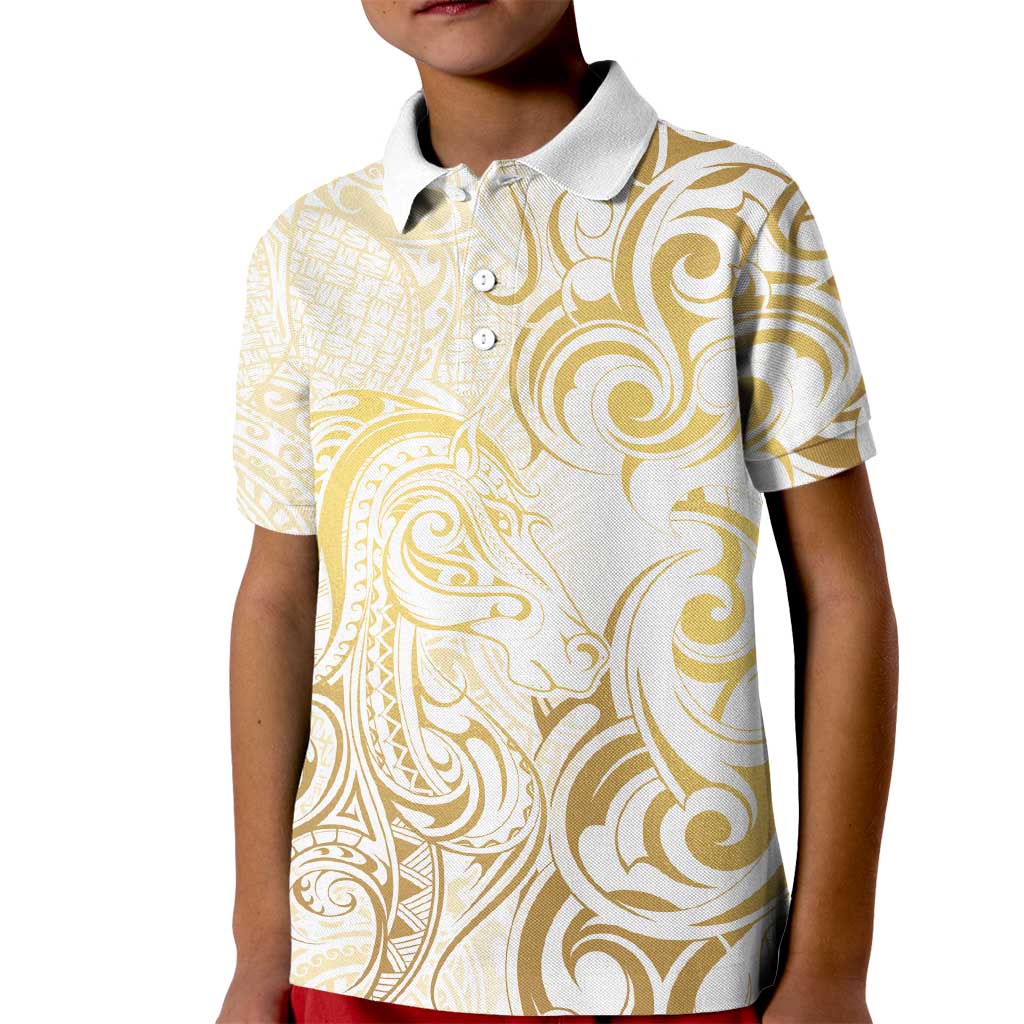 Gold And White Aoteara Horse Racing Kid Polo Shirt NZ Maori Pattern